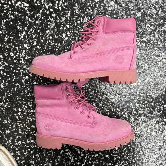 Timberland Men\'s Pink Suede Combat Boots Lace Up Logo Accents Size 5